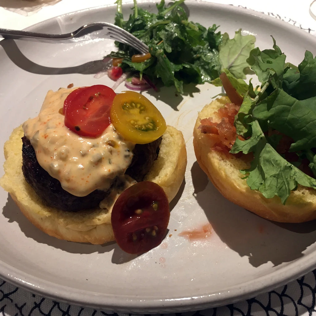 open face burger with special sauce, tomato and, lettuce