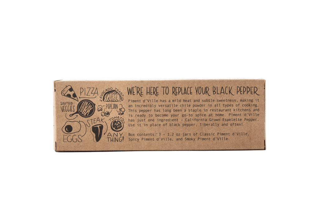 back of 3 pack box of piment d'ville